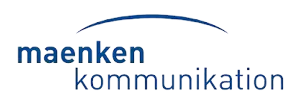 Logo eines Kunden: Logo mit Schriftzug "maenken kommunikation" in Blau und einem Halbkreis über dem Text