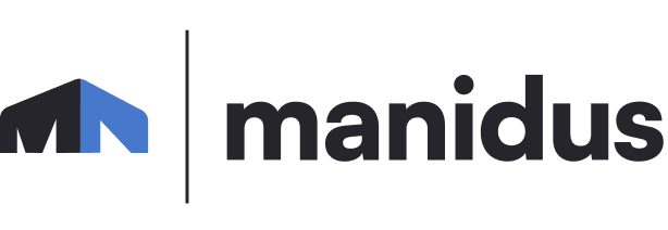 Logo eines Kunden: MaNidus GmbH Logo Logo mit stilisiertem Haus in Schwarz und Blau neben dem Schriftzug manidus in schwarzer Schrift