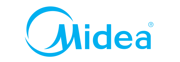 Logo eines Kunden: Midea-Logo in hellblauer Schrift mit stilisiertem Buchstaben M in einem halbrunden Kreis.