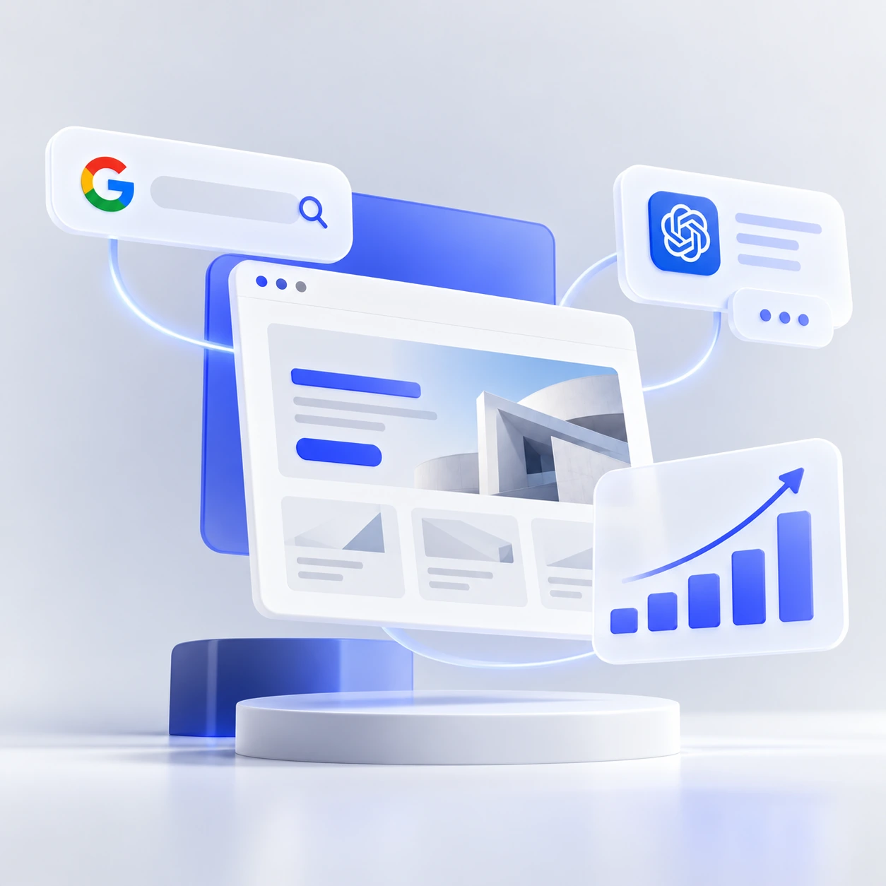 Illustration: Website, Google-Suche und KI-gestütztes Wachstum