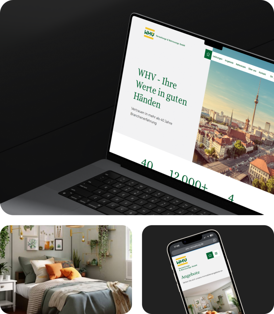 Laptop und Smartphone zeigen die Website der WHV Verwaltungs & Betreuungs GmbH mit Berliner Stadtbild und Innenraumaufnahme eines gemütlichen Schlafzimmers