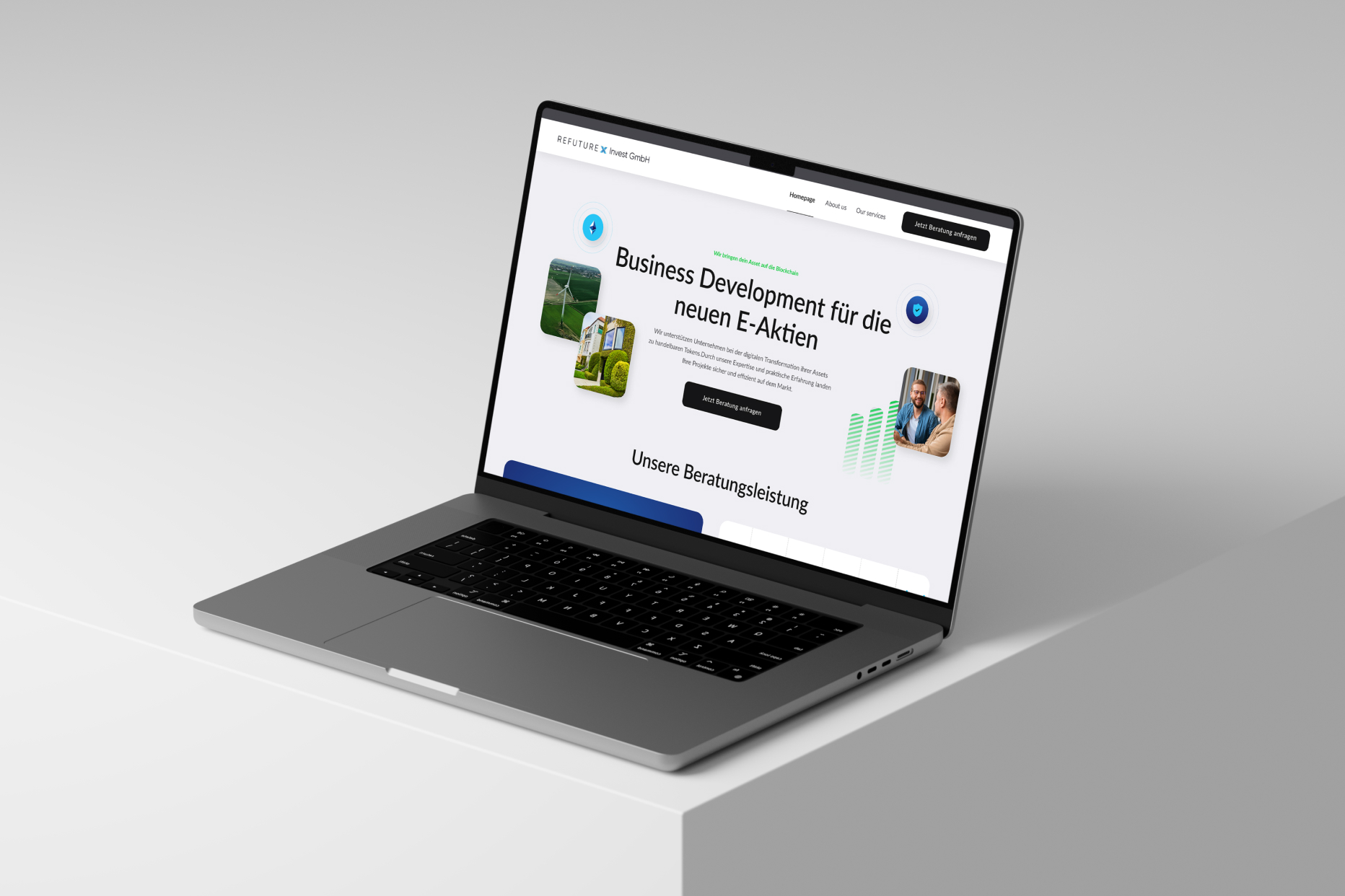 Laptop mit geöffneter Webseite zu Business Development für neue E-Aktien in Deutsch