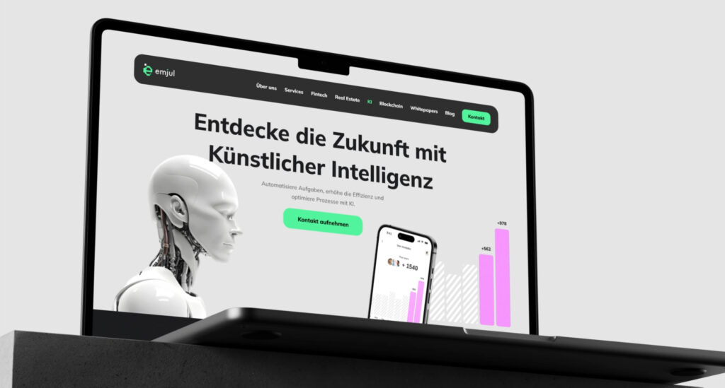Laptopbildschirm zeigt Webseite mit dem Slogan "Entdecke die Zukunft mit Künstlicher Intelligenz" und einem Roboterprofil im Profil