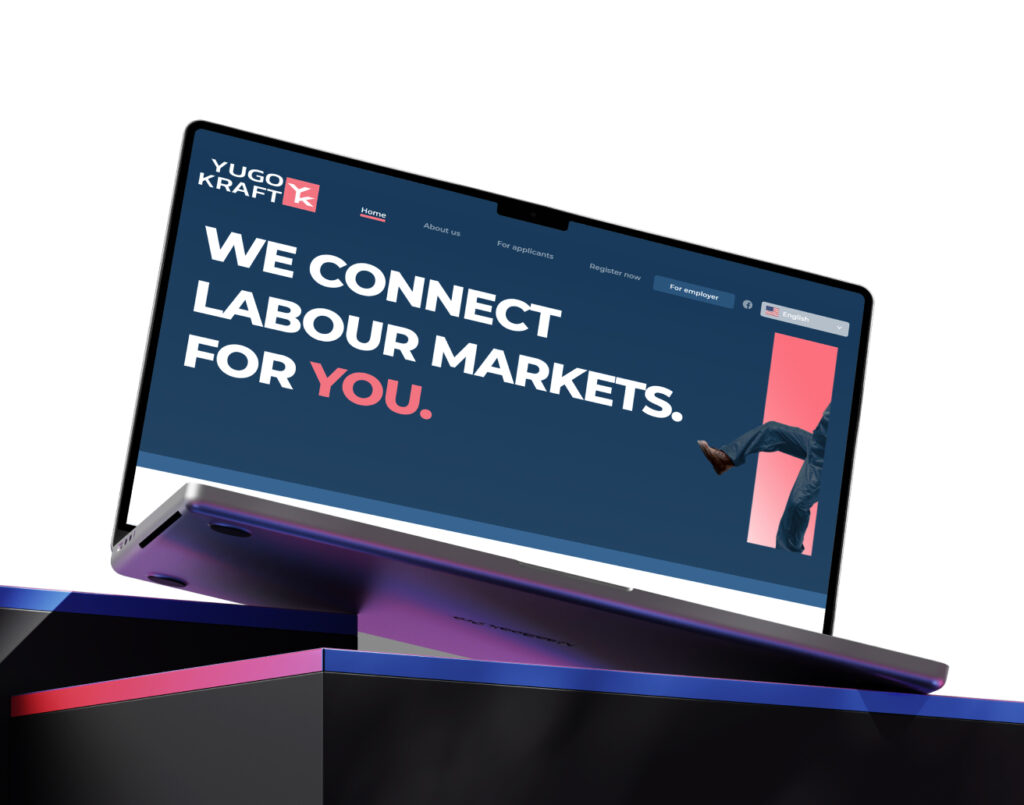 Laptop zeigt Webseite von Yugo Kraft mit dem Text „We connect labour markets. For you.“ auf blauem Hintergrund.