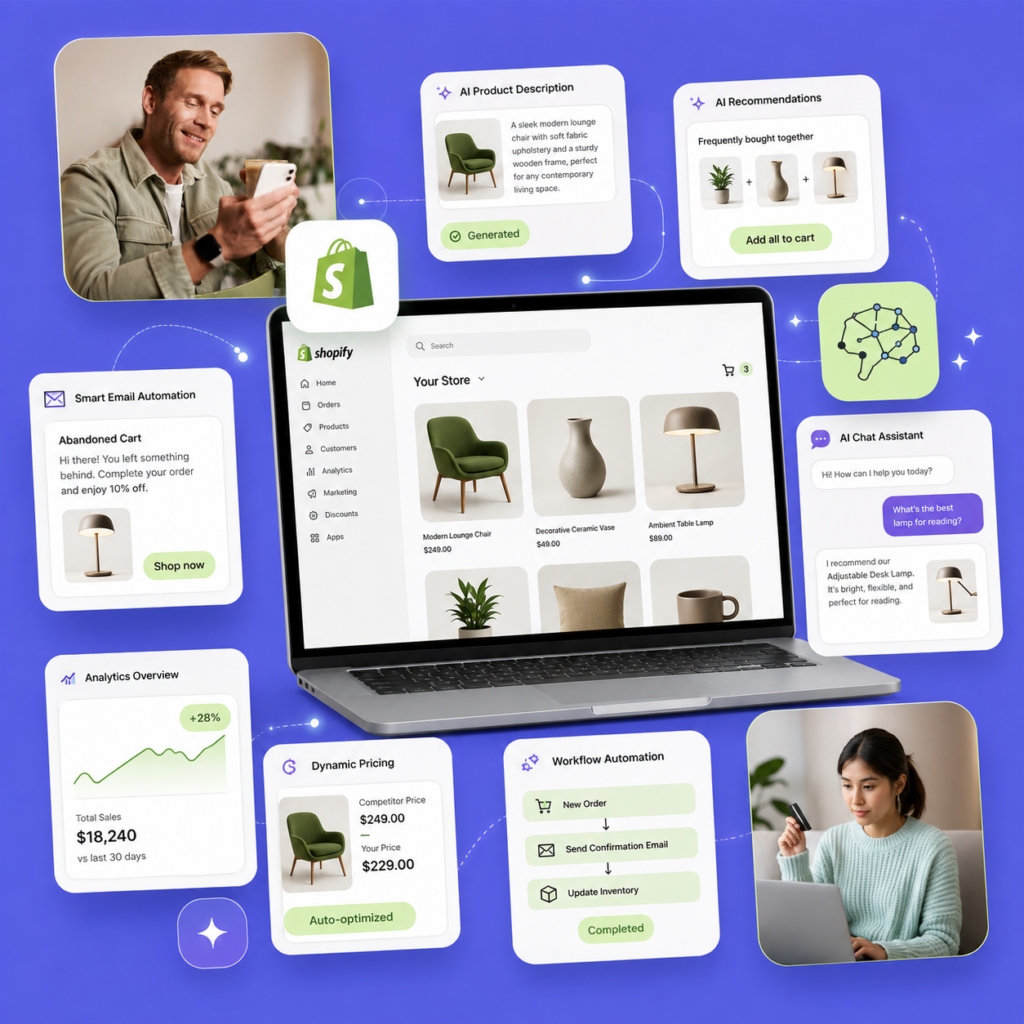 Arbeitsplatz mit Computer, der Shopify KI-gestützte Automatisierungen anzeigt.