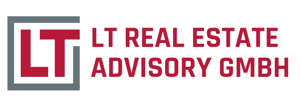 Logo eines Kunden: Logo von LT Real Estate Advisory GmbH mit markanten roten Buchstaben LT in einem grauen Rahmen und Firmenname daneben.
