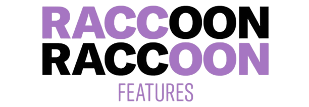 Logo eines Kunden: Logo von Raccoon Features in Schwarz-Lila Shrift