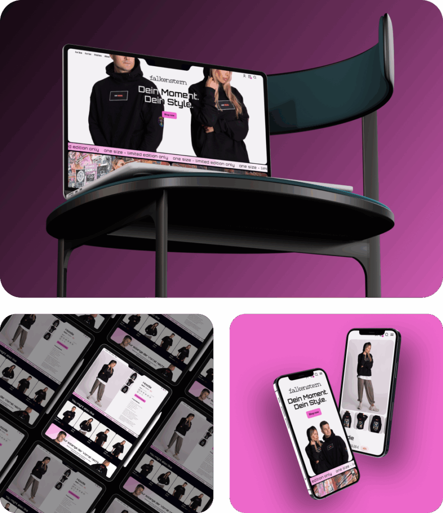 Unser Kunde: Falkenstern - Laptop auf einem Stuhl mit geöffneter Website für limitierte Mode, darunter viele Smartphone-Bildschirme mit Modeartikeln auf pinkem Hintergrund. Zeigt das Design des Falkenstern Online-Shops